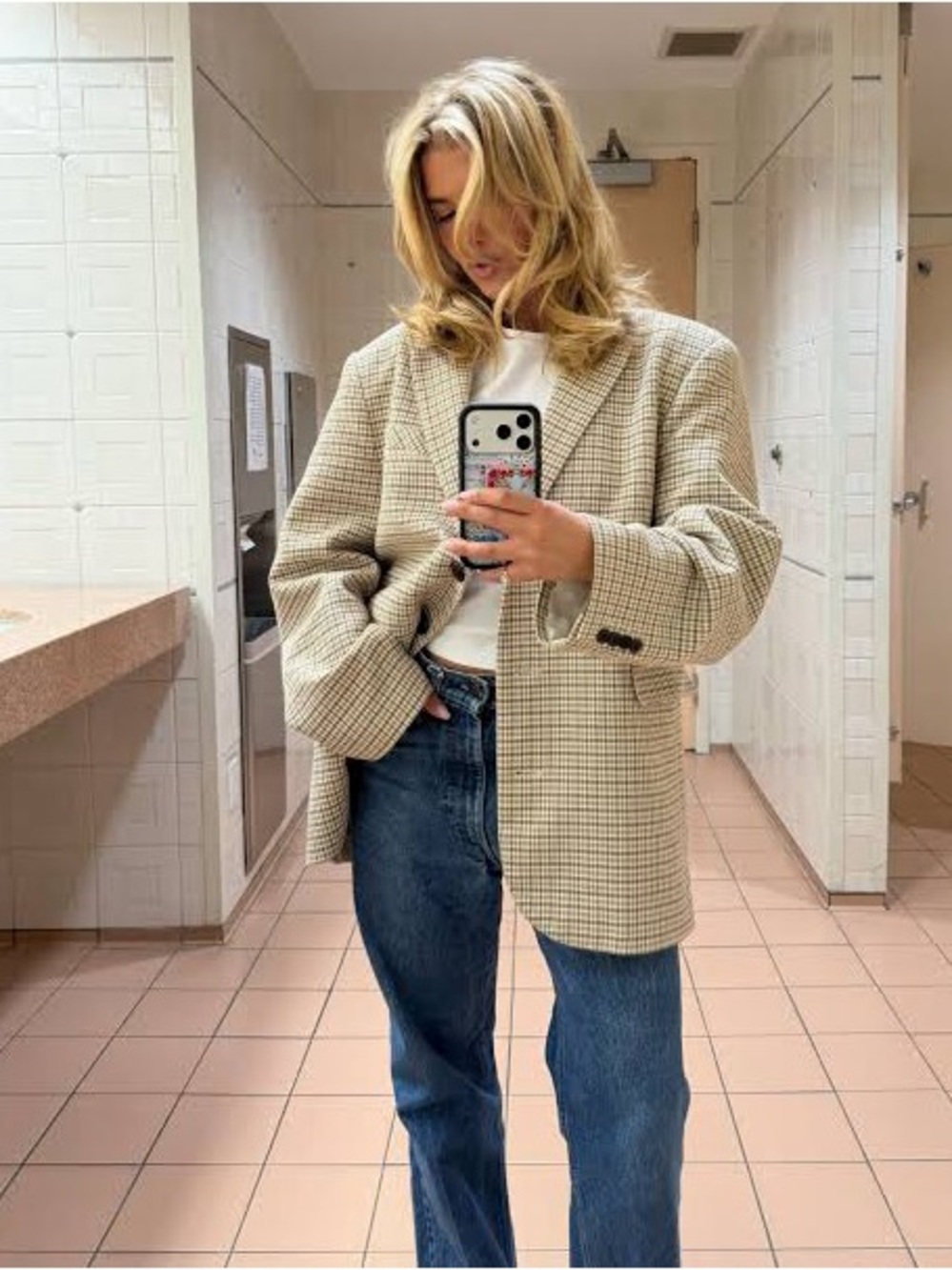 Djerf Avenue Beige Check Oversized Blazer